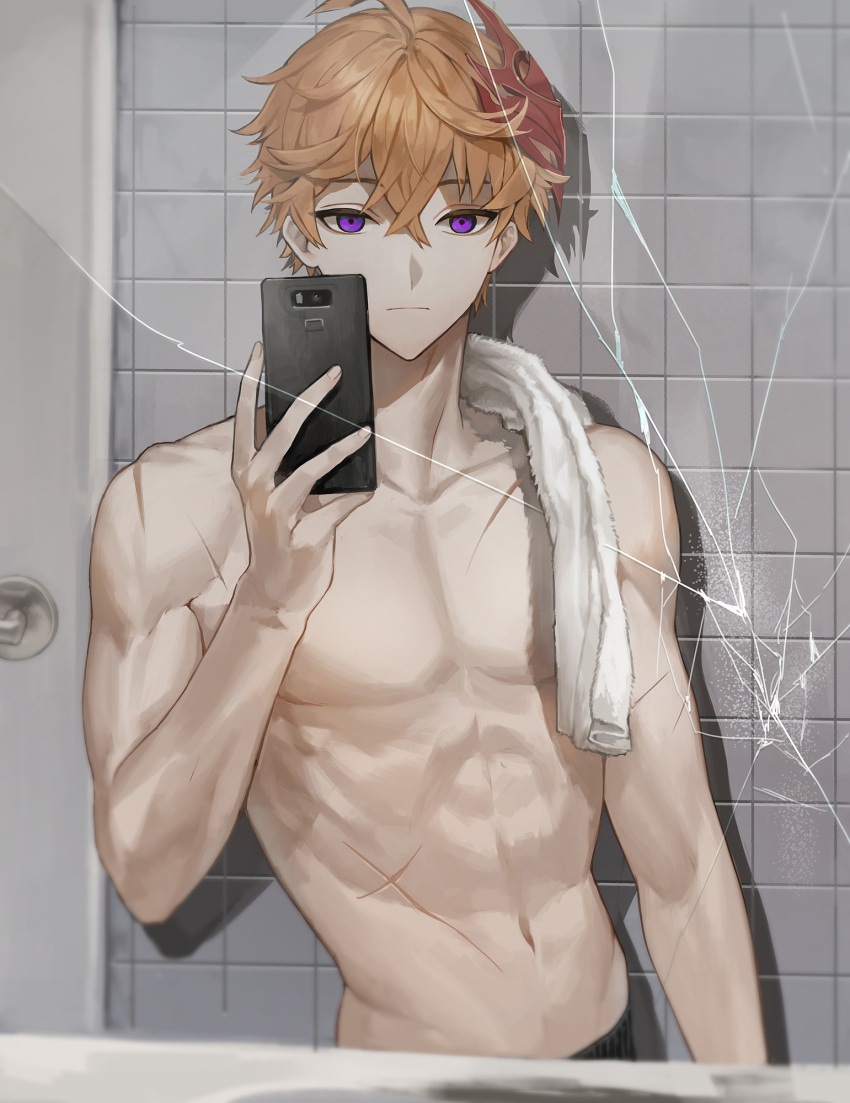 1boy, abs, ahoge, bangs, broken_glass, cellphone, closed_mouth, door