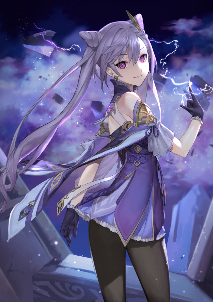 1girl, bangs, bare_shoulders, black_legwear, blush, braid, clouds, cloudy_sky