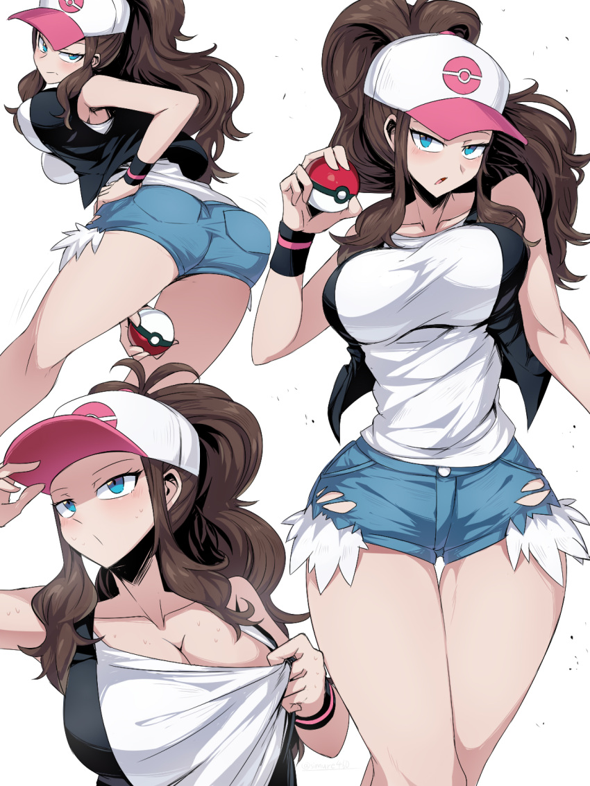 1girl, ass, bare_shoulders, baseball_cap, black_vest, blue_eyes, breasts, brown_hair