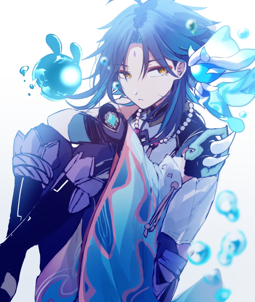 1boy, absurdres, ahoge, aqua_hair, armor, bead_necklace, beads, black_footwear