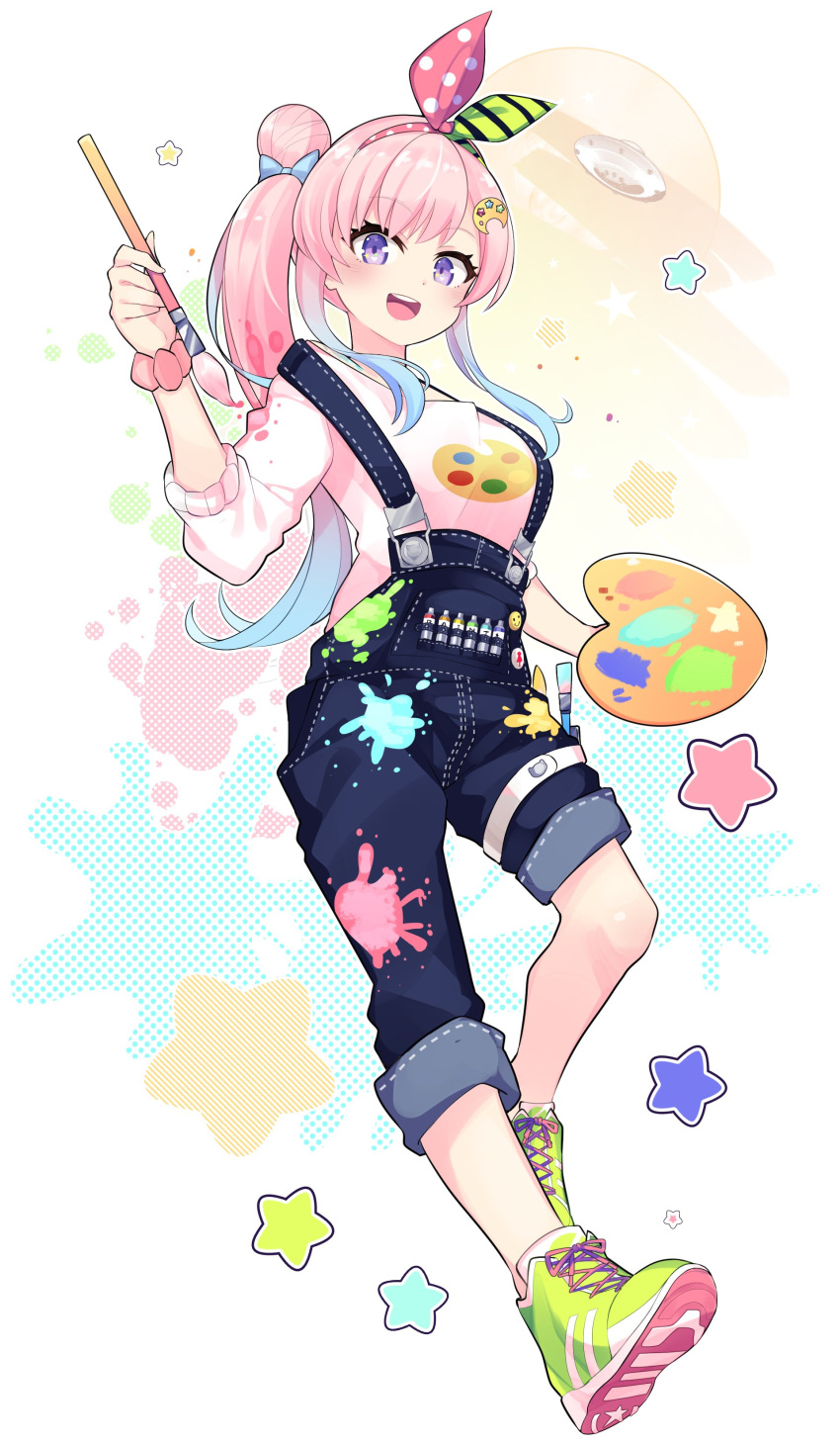 1girl, :d, absurdres, aho, airani_iofifteen, blue_bow, blue_hair, blue_overalls