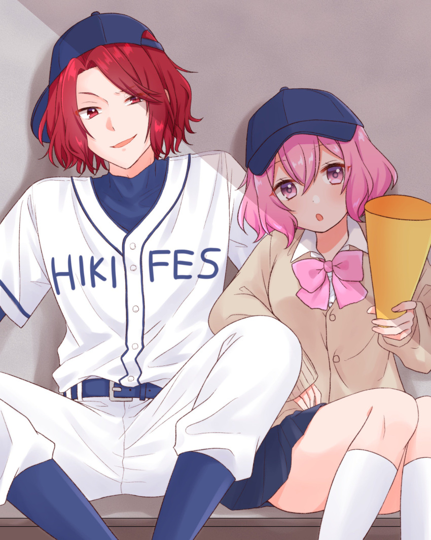 1boy, 1girl, absurdres, araki_(utaite), baseball_uniform, highres, niconico, nqrse, pink_hair, redhead, rummy_73, sportswear, utaite_(singer)