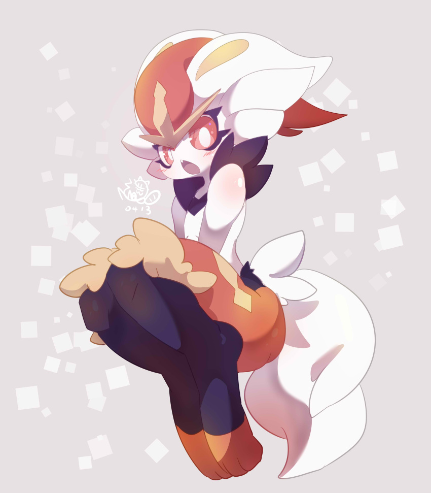 1girl, absurdres, animal_ears, artist_name, blue_fur, blush, body_fur, bunny_tail, cinderace, commentary, dated, flat_chest, full_body, furry, gen_8_pokemon, grey_background, highres, invisible_chair, jpeg_artifacts, legs_together, looking_at_viewer, nyaswitchnya, open_mouth, paws, pokemon, pokemon_(creature), rabbit_ears, rabbit_girl, red_eyes, red_fur, redhead, short_hair, signature, simple_background, sitting, solo, symbol_commentary, tail, teeth, two-tone_background, white_fur, yellow_fur