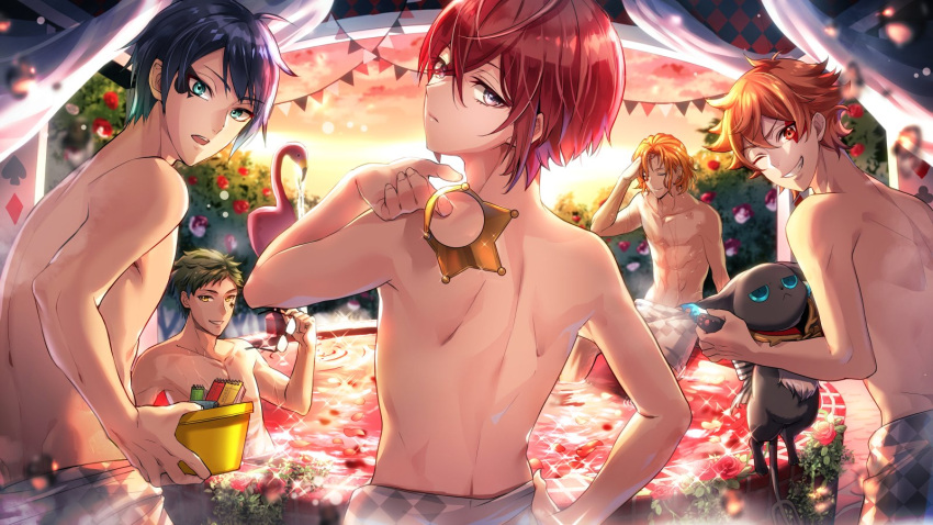 5boys, ace_trappola, bishounen, blue_eyes, bucket, cater_diamond, crown, crown_removed