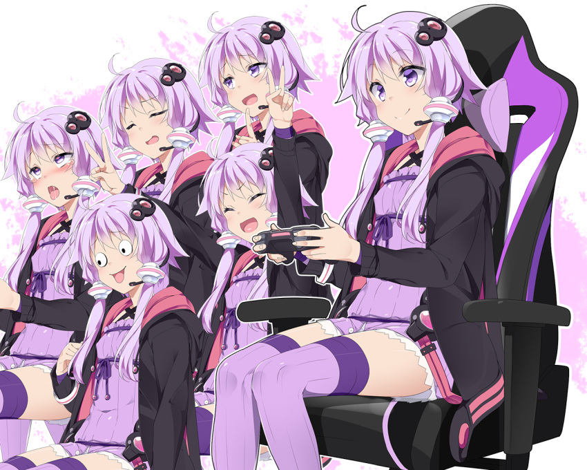 1girl, ahegao, ahoge, arms_up, black_jacket, blush, chair, character_sheet