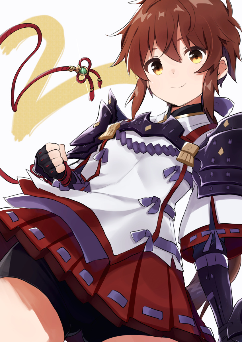 1girl, armor, ass_visible_through_thighs, bike_shorts, black_gloves, breasts, brown_hair, cowboy_shot, fingerless_gloves, from_below, gloves, highres, lora_(xenoblade), miniskirt, mokki_(smtkmokki), pleated_skirt, red_skirt, short_hair, shoulder_armor, simple_background, skirt, small_breasts, smile, solo, white_background, xenoblade_chronicles_(series), xenoblade_chronicles_2, yellow_eyes