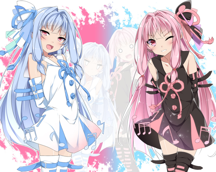 2girls, arm_belt, arms_behind_back, beamed_thirty-second_notes, belt, black_dress, black_legwear, black_sleeves