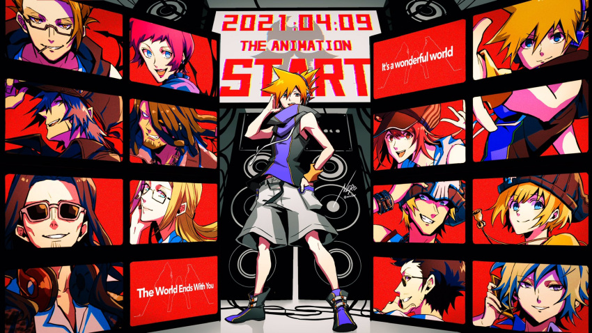 beanie, bitou_raimu, blonde_hair, blue_eyes, brown_hair, coco_atarashi, hat, headphones, highres, kariya_koki, kiryuu_yoshiya, minamimoto_shou, misaki_shiki, multiple_boys, multiple_girls, redhead, sakuraba_neku, shorts, subarashiki_kono_sekai, yashiro_uzuki