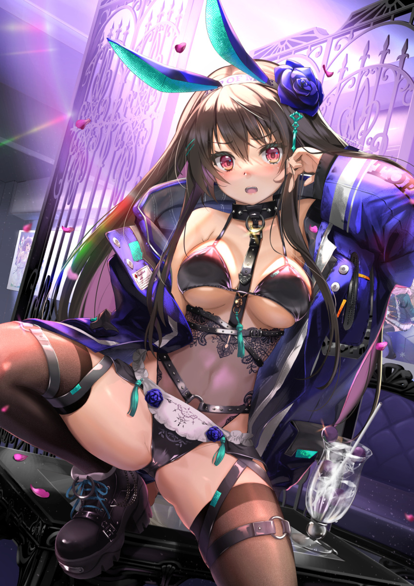 1girl, :o, belt, black_collar, black_footwear, blue_flower, blue_rose, breasts
