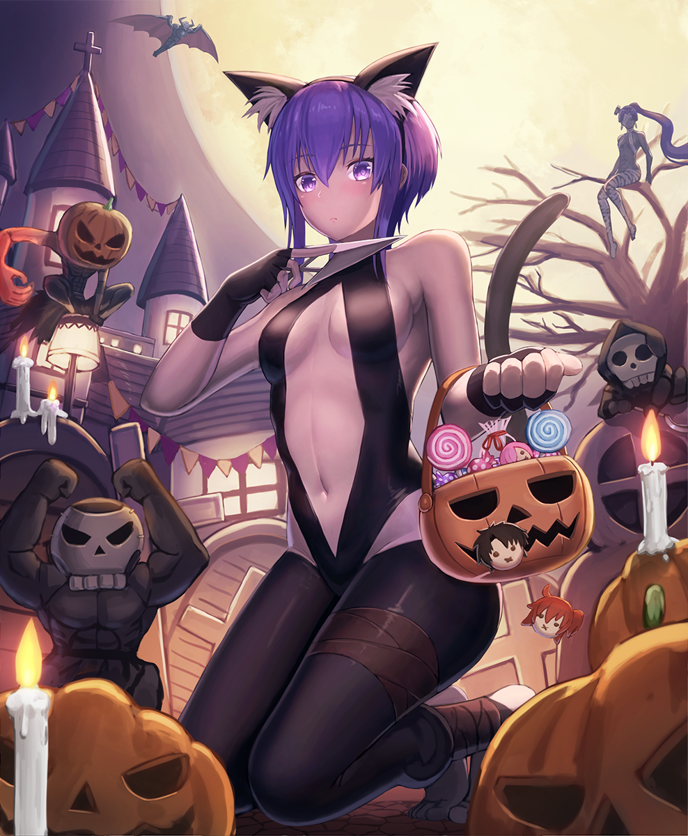 3boys, 3girls, animal_ears, assassin_(fate/zero), bare_shoulders, barefoot, belt, black_gloves