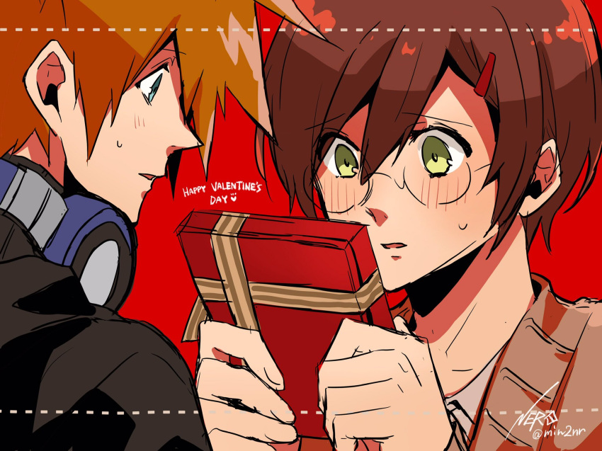 1boy, 1girl, artist_name, blue_eyes, blush, gift, glasses, green_eyes, headphones, headphones_around_neck, hetero, highres, looking_at_another, misaki_shiki, nero_(min2nr), red_background, sakuraba_neku, spoilers, subarashiki_kono_sekai, sweatdrop, twitter_username, upper_body, valentine
