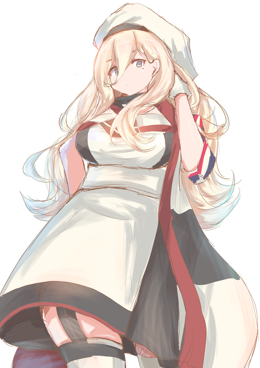 1girl, absurdres, beret, blonde_hair, blue_eyes, cowboy_shot, dress, garter_straps