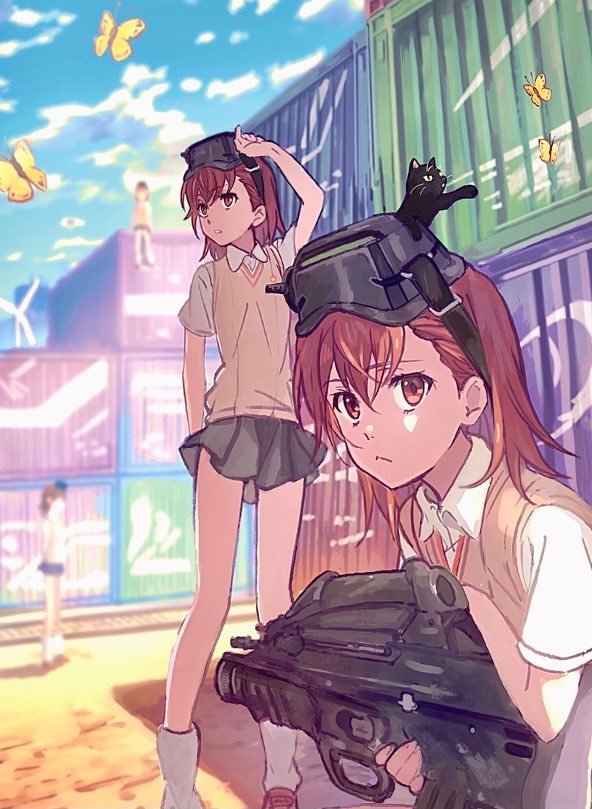 4girls, assault_rifle, asshuku, blue_sky, brown_eyes, brown_footwear, brown_hair, bug