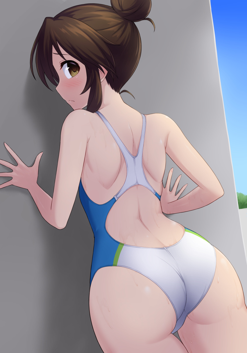 1girl, against_wall, ass, brown_eyes, brown_hair, commentary_request, competition_swimsuit, from_behind