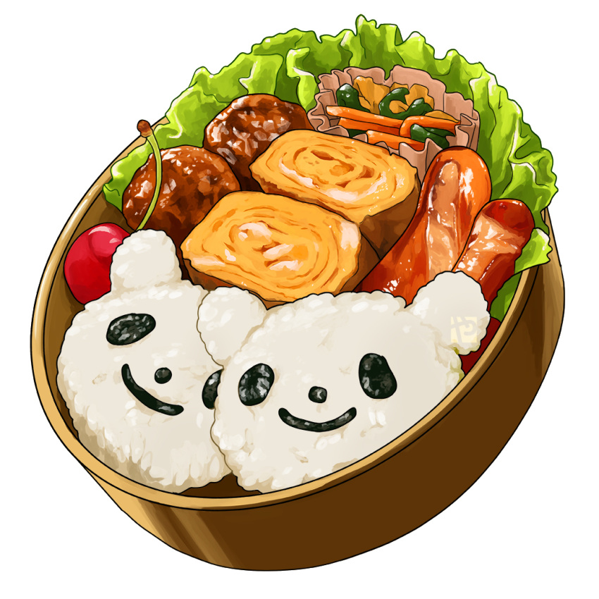 carrot, cherry, egg, english_commentary, food, food_focus, fruit, garnish, gokushufudou, lettuce, meat, meatball, no_humans, obentou, omelet, realistic, rice, sausage, simple_background, still_life, studiolg, tamagoyaki, vegetable, white_background