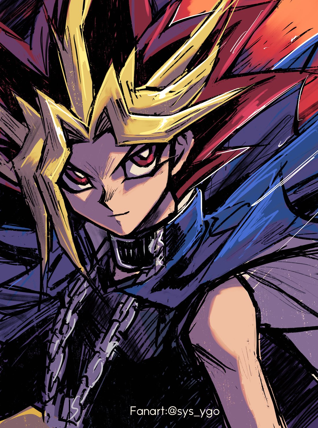 1boy, artist_name, black_hair, black_shirt, blonde_hair, blue_jacket, bright_pupils, chain