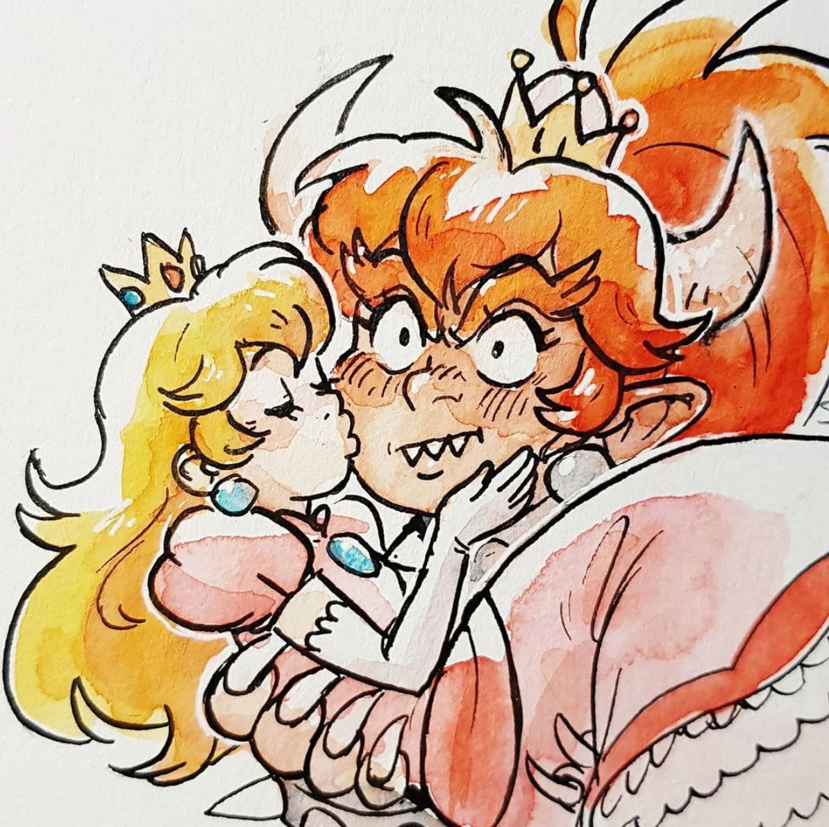 alternate_costume, alternate_hairstyle, blonde_hair, bowsette, carrying, cheek_kiss, claws, closed_eyes, crown, earrings, hand_on_back, hand_on_own_face, horns, jewelry, kiss, super_mario_bros., overbite, ponytail, princess_carry, princess_peach, redhead, schpog, sharp_teeth, simple_background, super_crown, super_mario_bros., super_mario_odyssey, teeth, white_background, wide-eyed