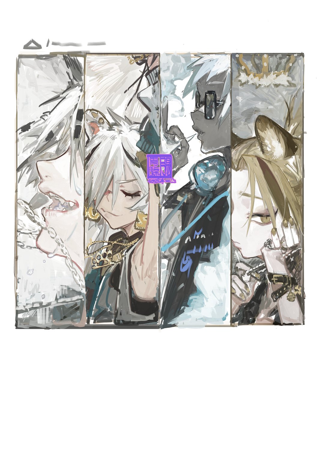 1boy, 3girls, ambience_synesthesia, animal_ears, arknights, armpits, bandages, bling