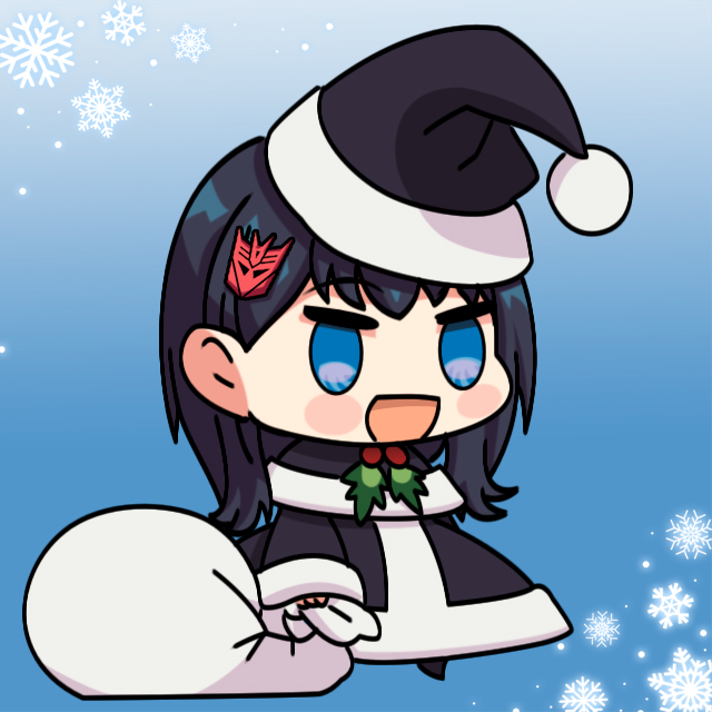 1girl, :d, blush_stickers, chibi, christmas, decepticon, eyebrows_visible_through_hair, hair_ornament