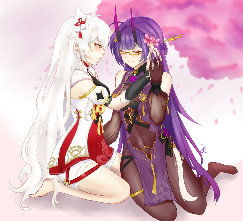 2girls, bare_shoulders, black_gloves, black_legwear, bodysuit, cherry_blossoms, china_dress, chinese_clothes