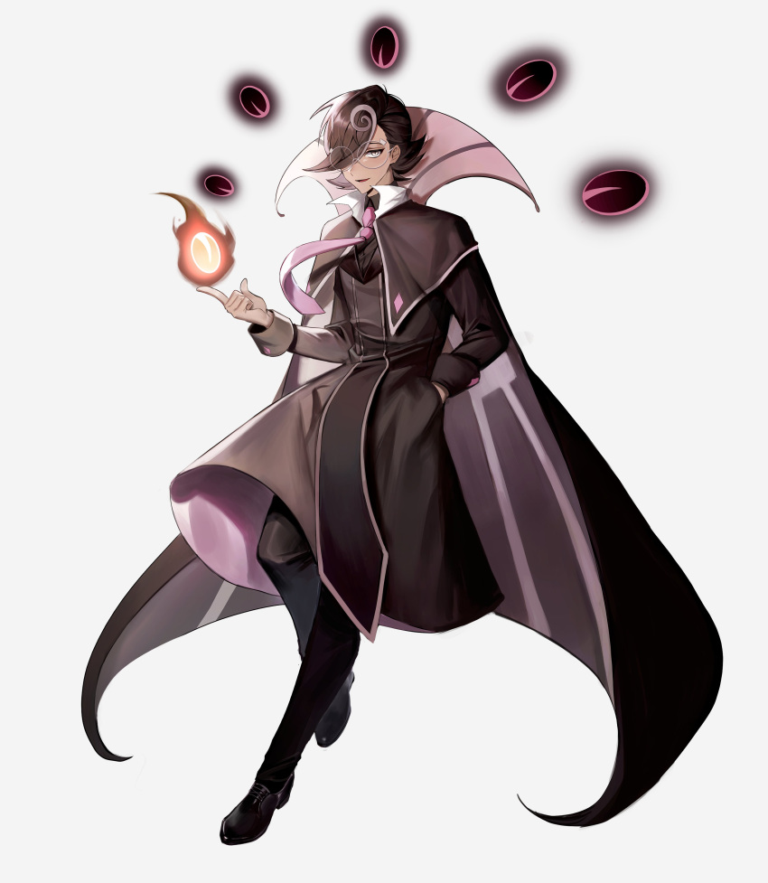1boy, absurdres, black_cape, black_footwear, black_pants, black_robe, black_shirt, brown_hair, cape, chap_yun, coffee_beans, collared_cape, collared_shirt, commentary_request, cookie_run, dark_skin, dark_skinned_male, dress_shoes, espresso_cookie, fire, flame, full_body, glasses, hair_over_one_eye, hand_in_pocket, high_collar, highres, humanization, index_finger_raised, korean_commentary, leg_up, long_sleeves, magic, male_focus, multicolored_hair, necktie, one_eye_covered, pants, pink_neckwear, pyrokinesis, robe, round_eyewear, shirt, shoes, short_hair, simple_background, sleeve_cuffs, slit_pupils, smile, solo, symbol_commentary, white_eyes