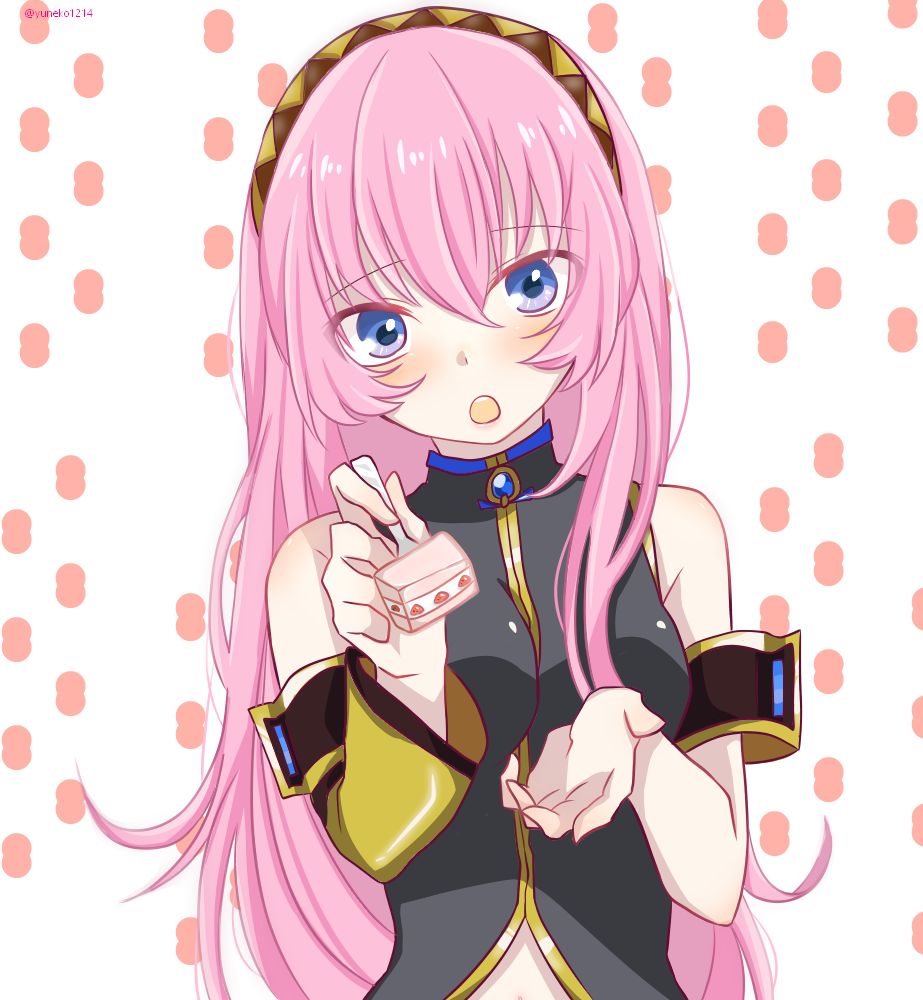 1girl, armband, bare_shoulders, black_shirt, blue_eyes, cake, commentary, feeding, food, fork, gold_trim, hairband, holding, holding_fork, long_hair, looking_at_viewer, megurine_luka, midriff, open_mouth, pink_hair, pov, shirt, single_arm_warmer, sleeveless, sleeveless_shirt, solo, twitter_username, upper_body, very_long_hair, vocaloid, yuneko1214