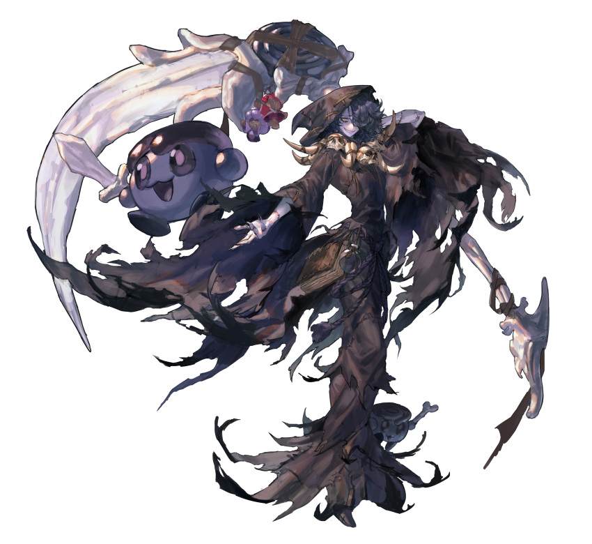 1boy, 2others, absurdres, arm_behind_head, black_hair, black_nails, black_robe, bone