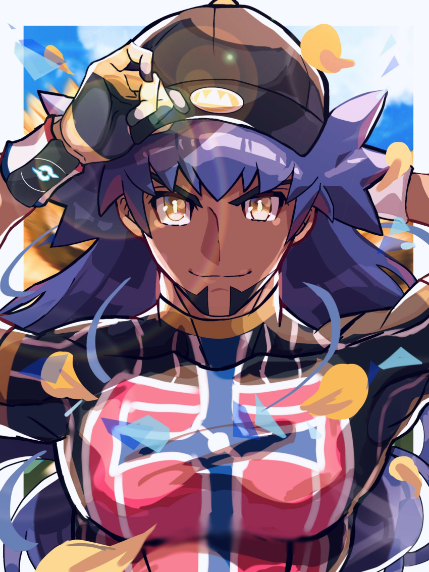 1boy, 241_gm, arm_behind_head, bangs, baseball_cap, champion_uniform, closed_mouth, commentary_request, dark_skin, dark_skinned_male, dynamax_band, facial_hair, gloves, hand_on_headwear, hat, highres, leon_(pokemon), long_hair, looking_at_viewer, male_focus, pokemon, pokemon_(game), pokemon_swsh, purple_hair, shirt, short_sleeves, smile, solo, upper_body, white_wristband, wristband, yellow_eyes