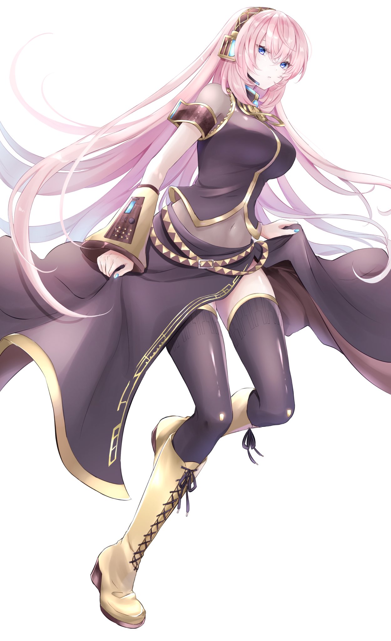 1girl, aqua_nails, armband, belt, black_legwear, black_shirt, black_skirt, blue_eyes