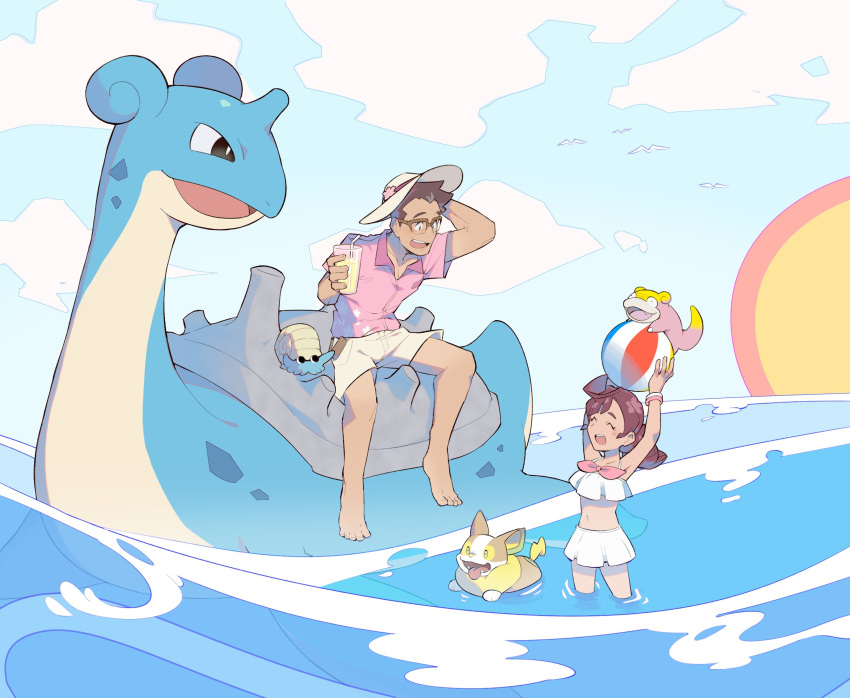 1boy, 1girl, alternate_costume, ball, bangs, barefoot, beachball, blush