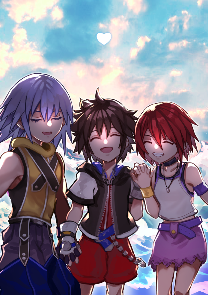 1girl, 2boys, brown_hair, closed_eyes, clouds, fingerless_gloves, gloves, jewelry