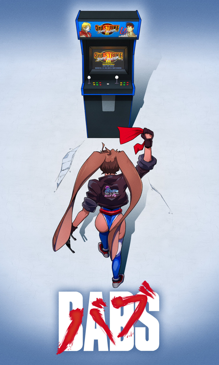 1girl, absurdres, ahoge, akira, arcade_cabinet, ass, babs_(battle_athlete), black_gloves, blue_legwear, blue_leotard, bomber_jacket, brown_hair, cameo, character_name, commentary, dark_skin, dark-skinned_female, english_commentary, eyewear_removed, from_behind, full_body, gloves, headband_removed, highres, holding, holding_eyewear, huge_ahoge, jacket, leather, leather_jacket, leotard, mascot, multicolored_hair, original, parody, retro_artstyle, ryanarchy, short_hair, sleeves_pushed_up, solo, street_fighter, street_fighter_iii_(series), sunglasses, thigh-highs, thong_leotard, two-tone_hair, very_long_ears