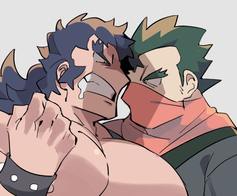2boys, black_eyes, black_hair, bruno_(pokemon), clenched_hand, clenched_teeth, commentary, elite_four