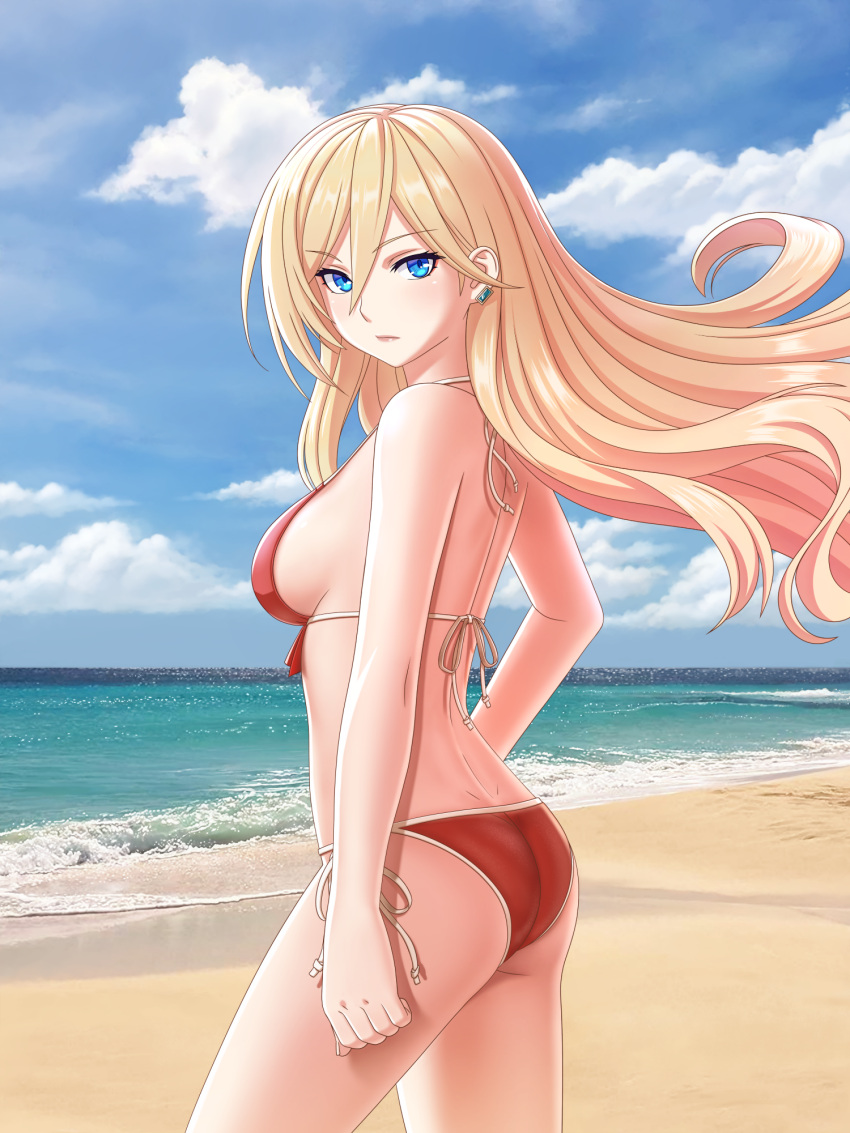 1girl, ass, beach, bianka_durandal_ataegina, bikini, blonde_hair, blue_eyes, blue_sky