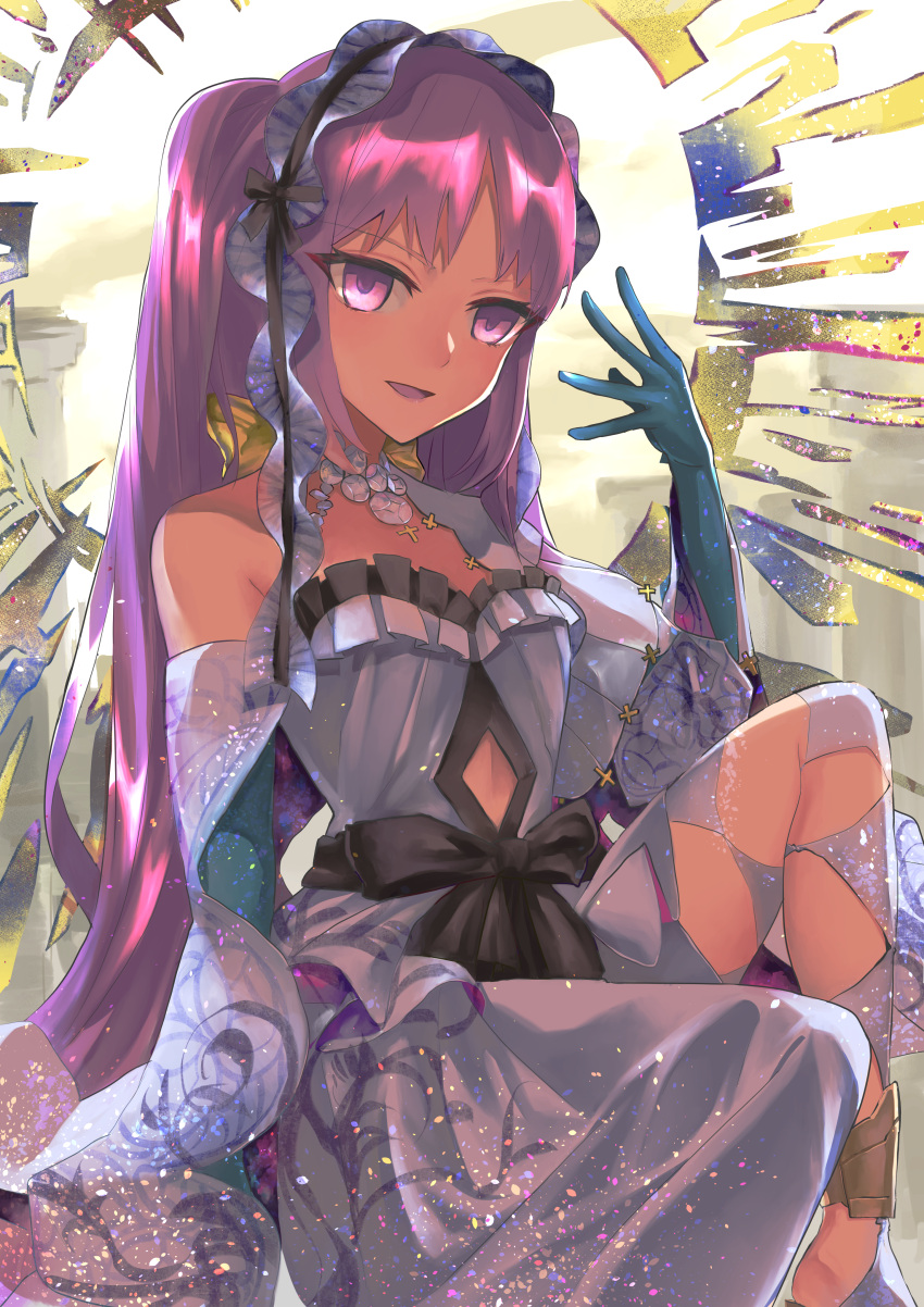 1girl, :d, absurdres, black_bow, blue_gloves, bow, dress, elbow_gloves, euryale_(fate), fate/grand_order, fate_(series), gloves, hairband, hakohako-does, highres, huge_filesize, jewelry, long_hair, looking_at_viewer, lostroom_outfit_(fate), necklace, open_mouth, purple_hair, smile, solo, violet_eyes, waist_bow, white_dress