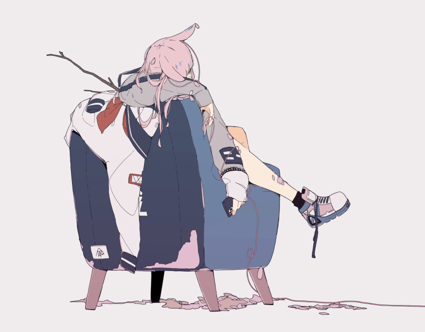 1girl, animal_ears, black_legwear, branch, cellphone, cherry_blossoms, commentary, daisukerichard