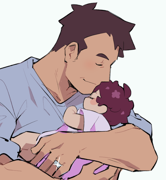 1boy, 1girl, baby, blush_stickers, brown_hair, carrying, cerise_(pokemon), chloe_(pokemon), closed_eyes, closed_mouth, commentary, english_commentary, father_and_daughter, glint, grey_shirt, jewelry, pokemon, pokemon_(anime), pokemon_swsh_(anime), ring, saturday_(hokawazu), shirt, short_hair, short_sleeves, sleeping, smile, younger