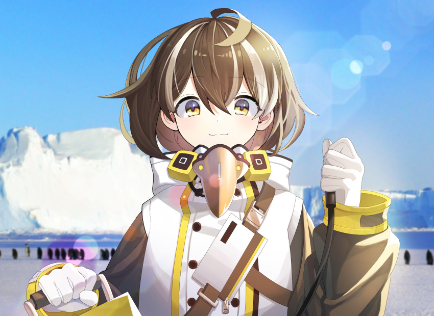 1girl, :3, arknights, backpack, bag, beak_mask, bird, brown_hair, coat, commentary, day, earrings, eyebrows_visible_through_hair, hair_between_eyes, highres, holding, jewelry, kanero, looking_at_viewer, magallan_(arknights), mask_around_neck, multicolored_hair, open_mouth, outdoors, penguin, short_hair, silver_hair, smile, snow, solo, strap, streaked_hair, theodolite, two-tone_hair, upper_body, white_coat, winter_clothes, winter_coat, yellow_eyes