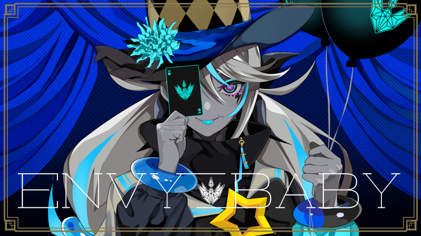 1girl, absurdres, balloon, bangs, black_eyes, black_jacket, blue_flower, blue_hair, blue_headwear, blue_tongue, card, character_request, colored_skin, colored_tongue, commentary_request, curtains, english_text, envy_baby_(vocaloid), flower, grey_hair, grey_skin, hair_between_eyes, hat, hat_flower, high_collar, highres, holding, holding_balloon, holding_card, jacket, long_sleeves, multicolored_hair, one_eye_covered, puffy_long_sleeves, puffy_sleeves, streaked_hair, tongue, tongue_out, top_hat, upper_body, violet_eyes, virtual_youtuber, yuuta_(yuuta0312)