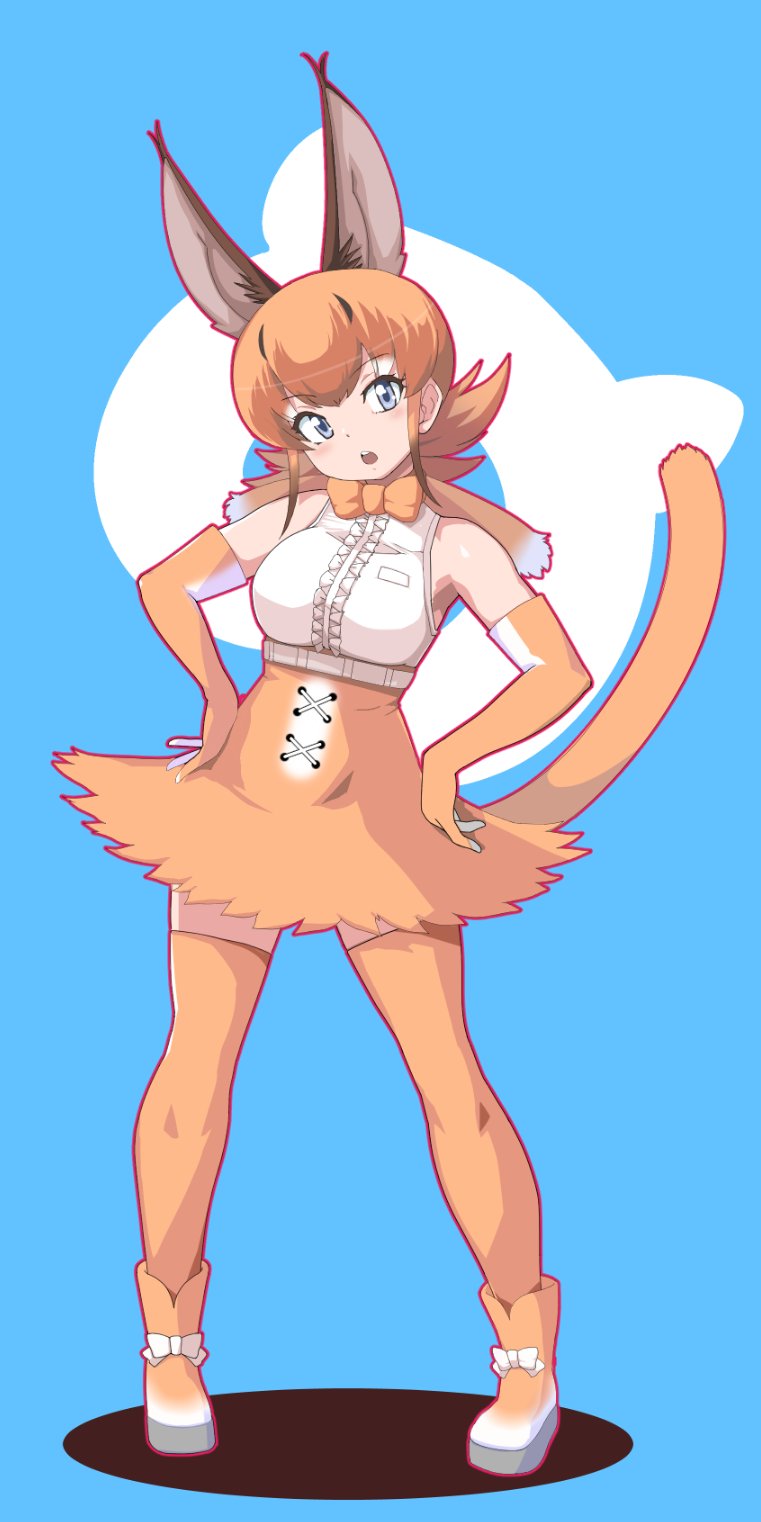 1girl, bare_shoulders, blue_eyes, boots, bow, bowtie, caracal_(kemono_friends), caracal_ears