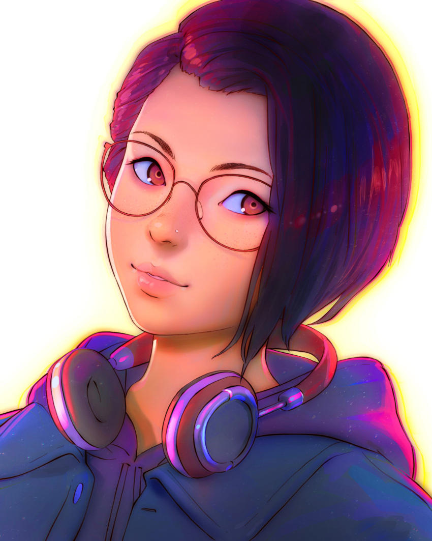 1girl, absurdres, alex_chen, black_hair, brown_eyes, commission, dutch_angle, glasses, headphones, headphones_around_neck, highres, hood, hoodie, ilya_kuvshinov, life_is_strange, lips, looking_at_viewer, portrait, second-party_source, short_hair, solo, white_background