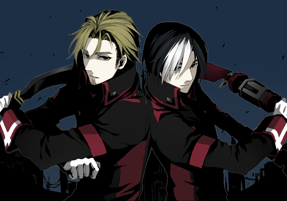 bad_id, black_hair, blue_background, brown_hair, gloves, iccan, kurt_(tales_of_graces), male