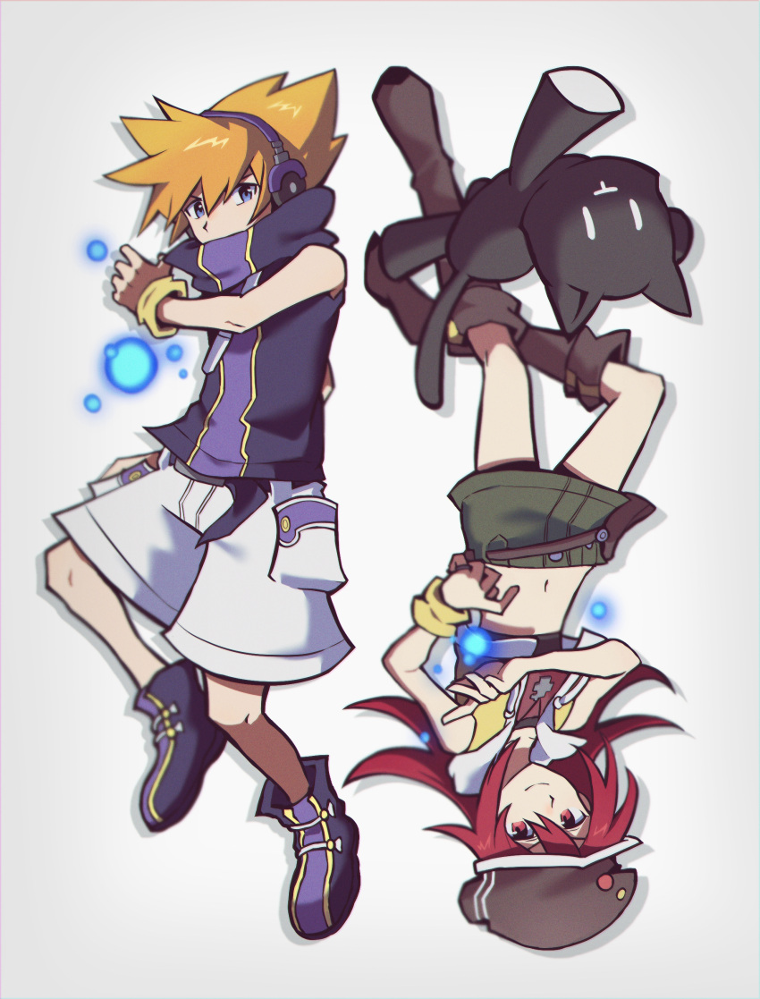 1boy, 1girl, absurdres, black_headwear, blue_eyes, brown_footwear, brown_hair, hair_between_eyes, hat, hat_ornament, headphones, highres, looking_at_viewer, midriff, misaki_shiki, mr._mew, n3ss_0, navel, pocket, purple_footwear, red_eyes, redhead, sakuraba_neku, shorts, simple_background, sleeveless, sleeveless_jacket, spiky_hair, stuffed_animal, stuffed_cat, stuffed_toy, subarashiki_kono_sekai, upside-down, white_background, wristband