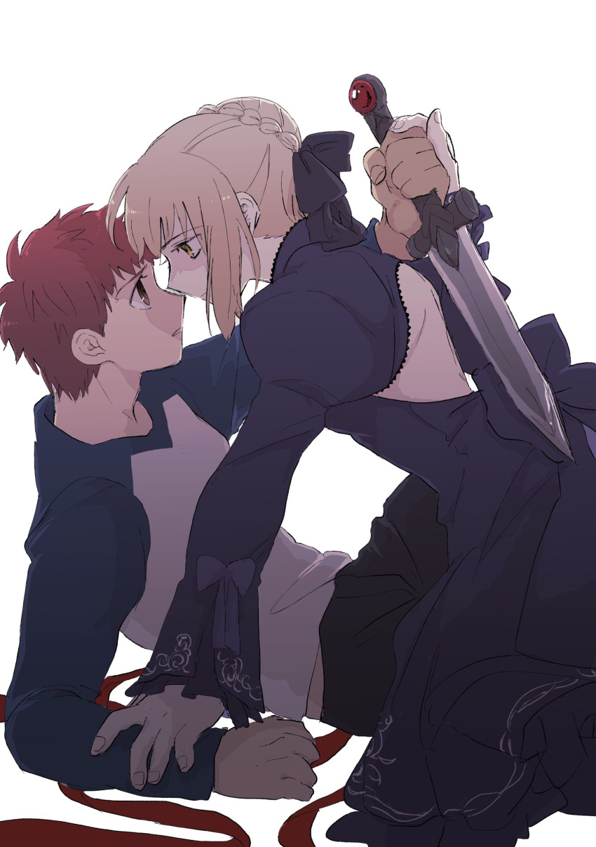 1boy, 1girl, artoria_pendragon_(all), bad_id, bad_twitter_id, blonde_hair, dark_persona, dress