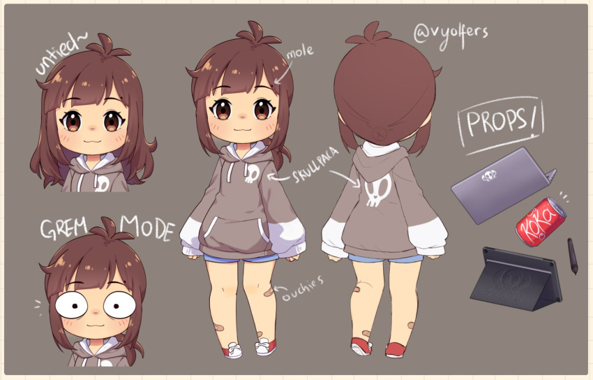 1girl, artist_name, bandaid, bandaid_on_leg, bangs, blush, brown_eyes, brown_hair, can, character_sheet, chibi, denim, denim_shorts, drawing_tablet, eyebrows_visible_through_hair, grey_hoodie, hood, hoodie, indie_virtual_youtuber, looking_at_viewer, medium_hair, multiple_views, short_shorts, shorts, sleeves_past_wrists, smile, soda_can, stylus, tied_hair, virtual_youtuber, vyolfers, vyolfers_(vtuber), wide-eyed