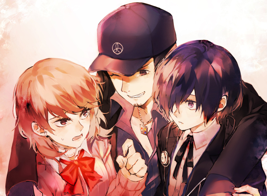 1girl, 2boys, annoyed, arm_up, bangs, black_hair, black_jacket, black_ribbon
