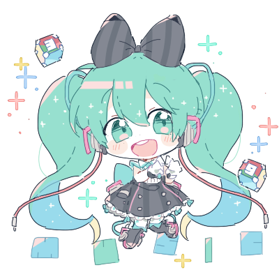 1girl, 39_music_(vocaloid), aqua_eyes, aqua_hair, black_bow, black_footwear, black_skirt, blush_stickers