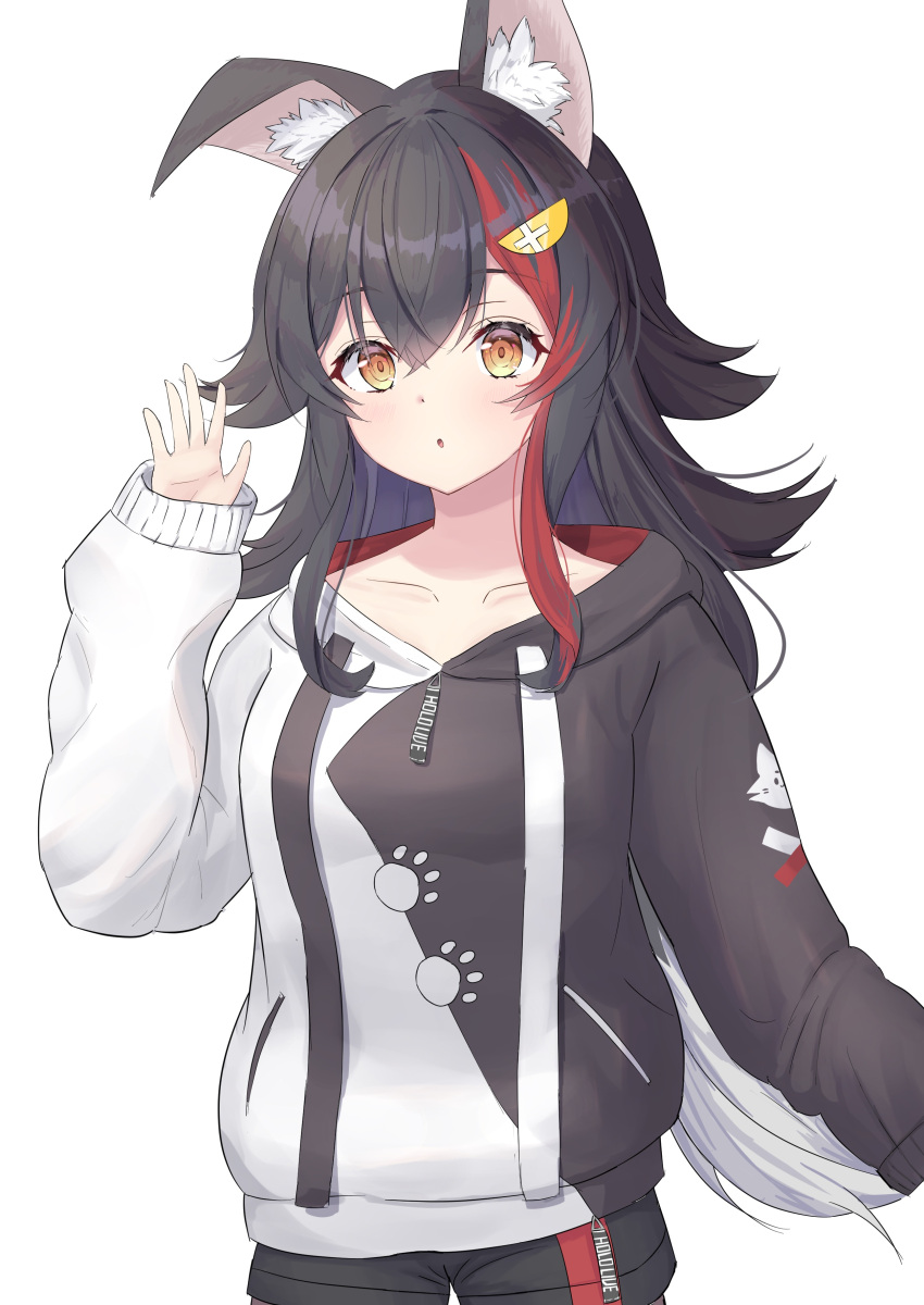 1girl, absurdres, animal_ear_fluff, animal_ears, arm_up, bangs, black_hair, black_hoodie, black_shorts, collarbone, cowboy_shot, flipped_hair, floppy_ears, grey_hair, hair_between_eyes, hair_ornament, hairclip, highlights, highres, hololive, hood, hoodie, light_blush, long_hair, long_sleeves, looking_at_viewer, low-tied_long_hair, mizuhi_kou, multicolored_hair, ookami_mio, outstretched_hand, parted_lips, paw_print, redhead, short_shorts, shorts, sidelocks, simple_background, sleeves_past_wrists, solo, surprised, two-tone_hoodie, very_long_hair, virtual_youtuber, waving, white_background, white_hair, white_hoodie, wolf_ears, yellow_eyes