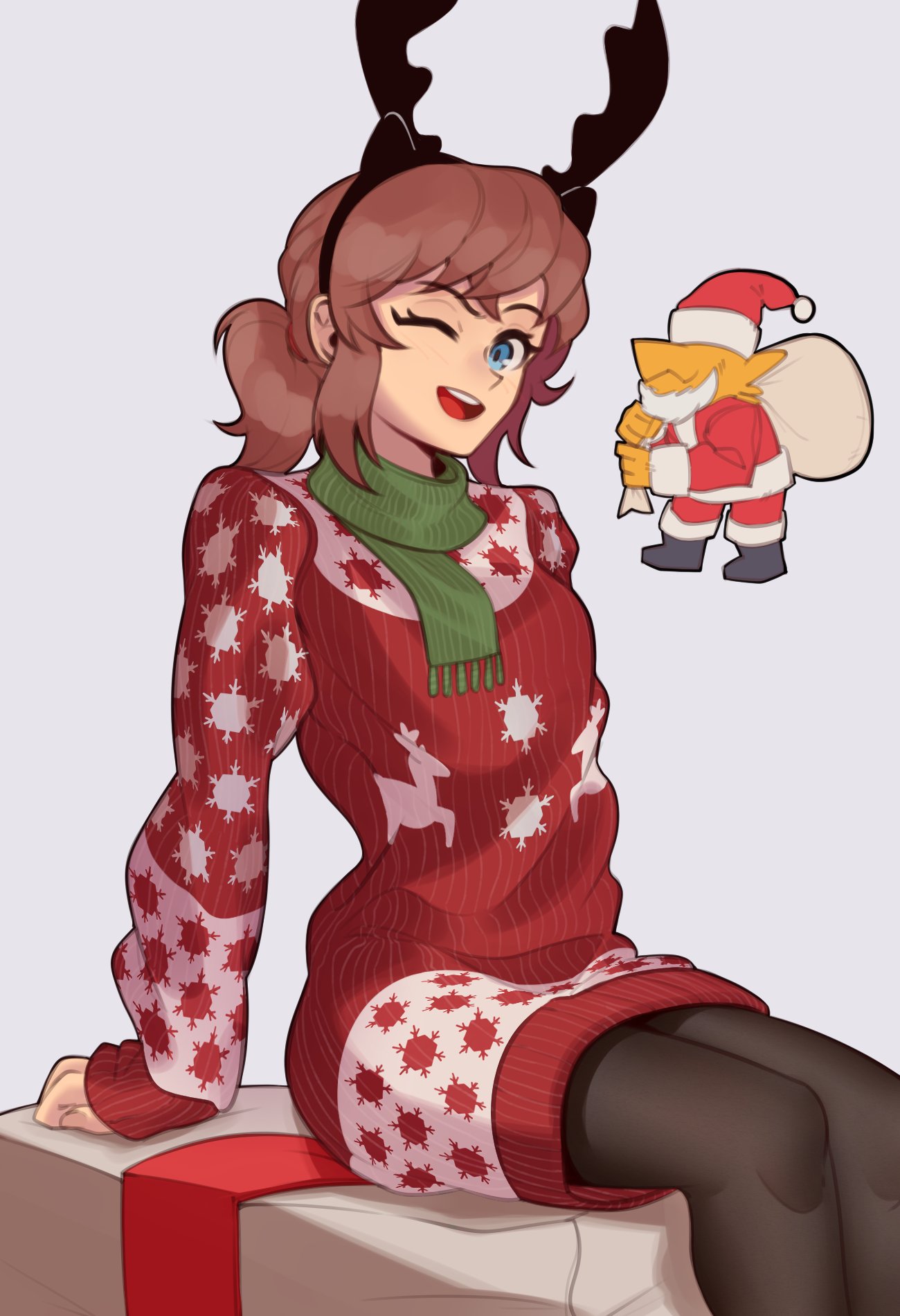 1boy, 1girl, a_hat_in_time, alternate_costume, antlers, arm_support, bangs, black_legwear