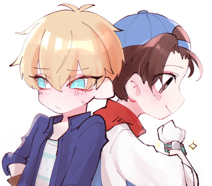 2boys, back-to-back, blush, bokujou_monogatari, bokujou_monogatari:_mineral_town_no_nakama_tachi, bokujou_monogatari:_saikai_no_mineral_town, bracelet, brown_gloves